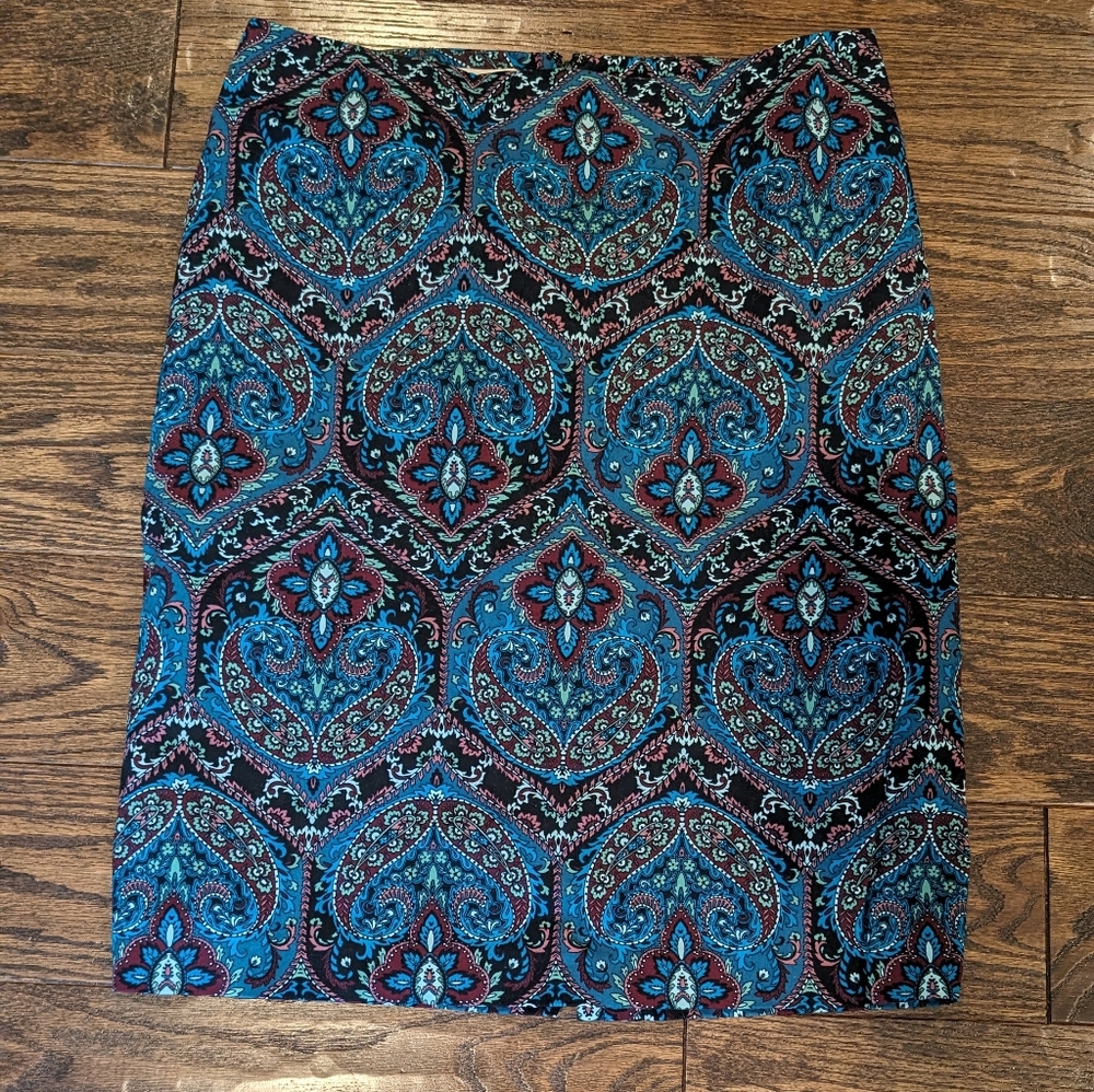 Talbots Teal and Black Paisley Midi Skirt